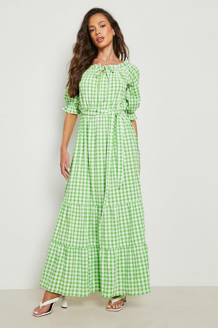Green Gingham Bardot Belted Maxi Dress image number 1