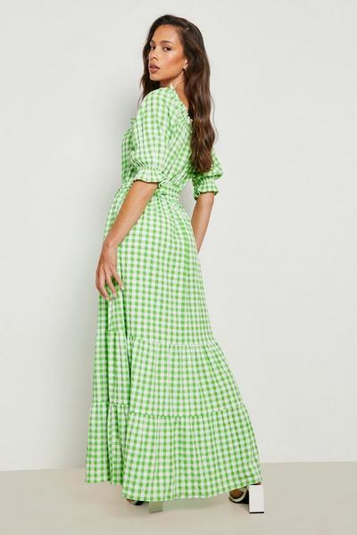 boohoo green Gingham Bardot Belted Maxi Dress