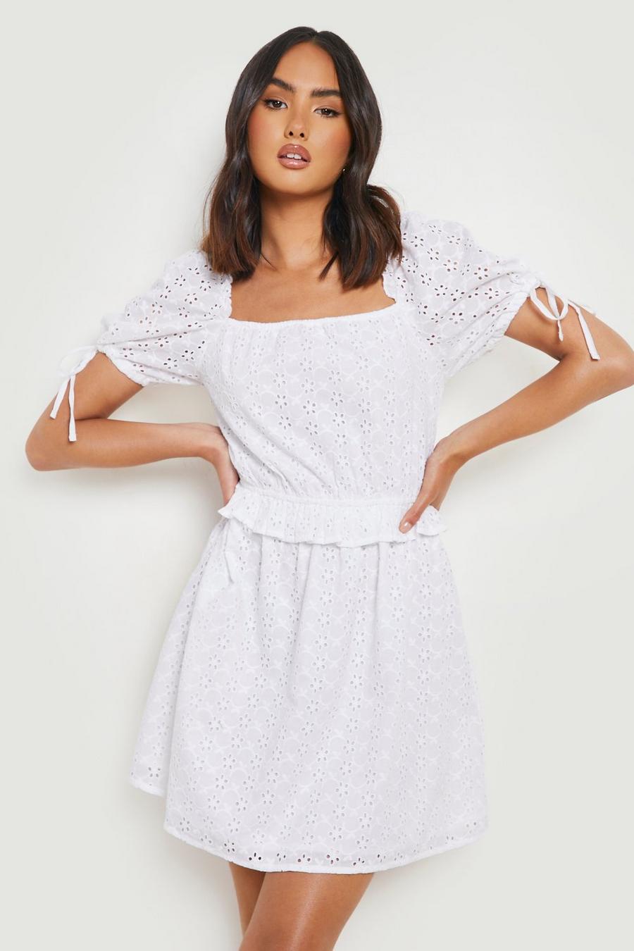 White Broderie Puff Sleeve Milkmaid Dress image number 1