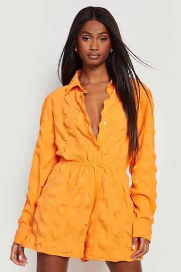 Crinkle Textured Shirt Playsuit burnt orange