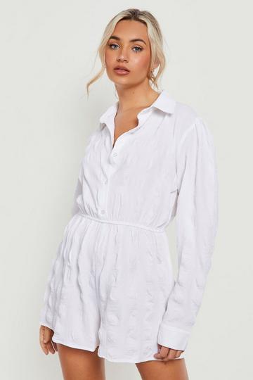 White Crinkle Textured Shirt Playsuit