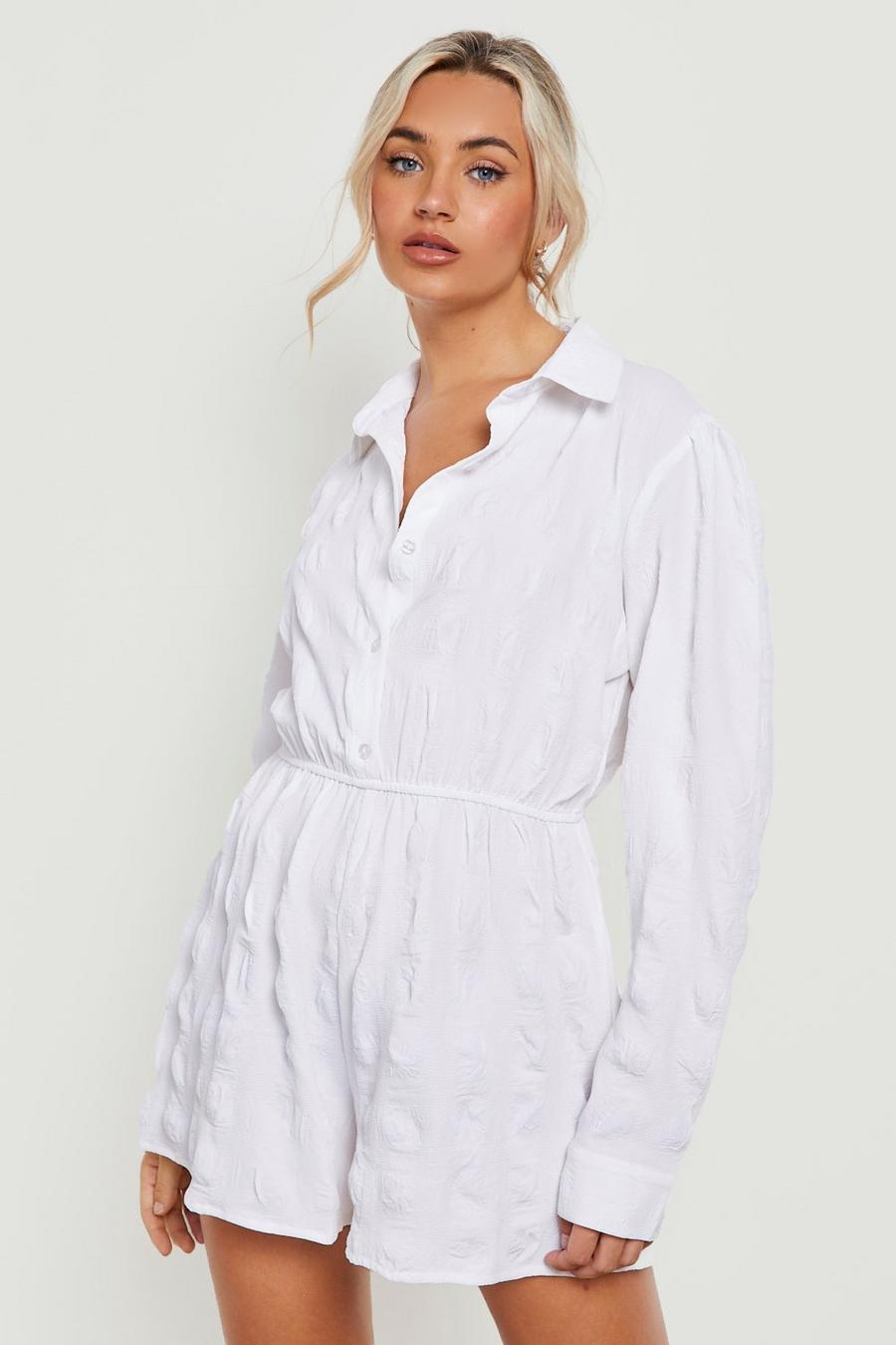 White Crinkle Textured Shirt Playsuit image number 1