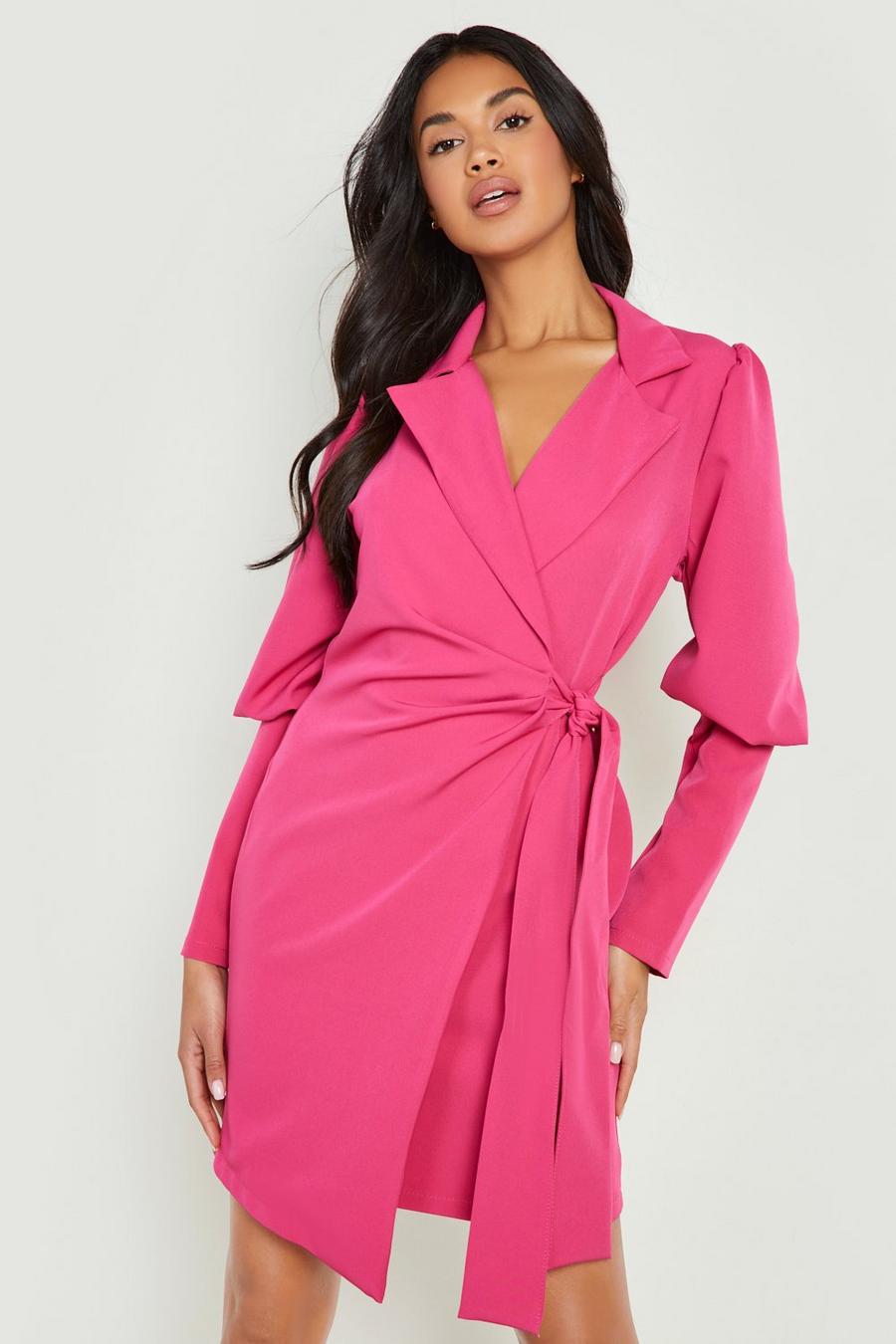 Hot pink Puff Sleeve Wrap Tie Blazer Dress