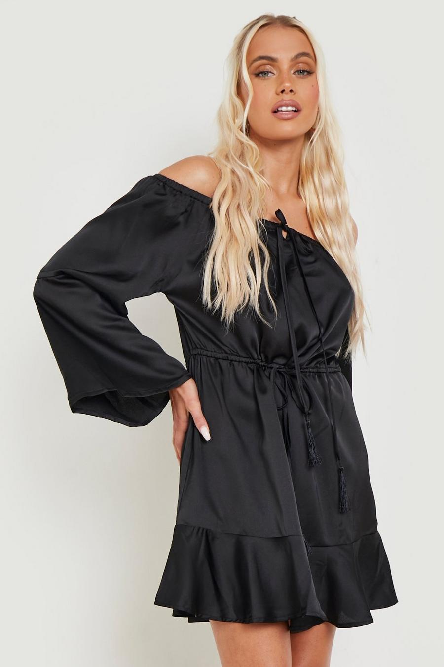 Black Matte Satin Bardot Tassel Beach Dress image number 1