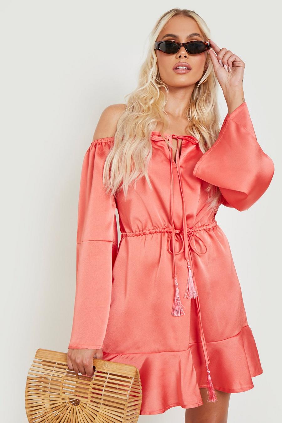 Rose pink Matte Satin Bardot Tassel Beach Dress