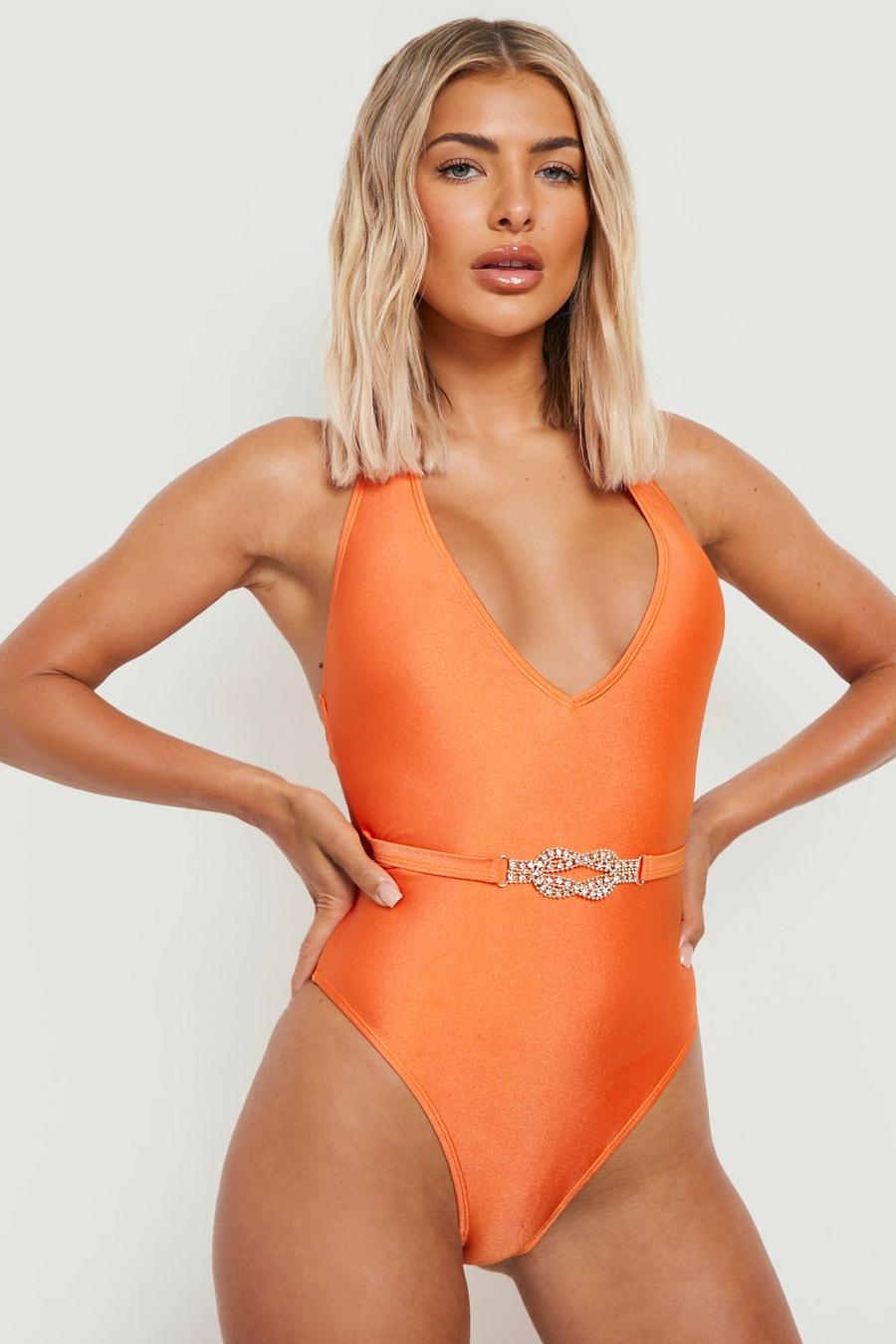 Golden orange Diamante Jewel Belted Plunge Swimsuit
