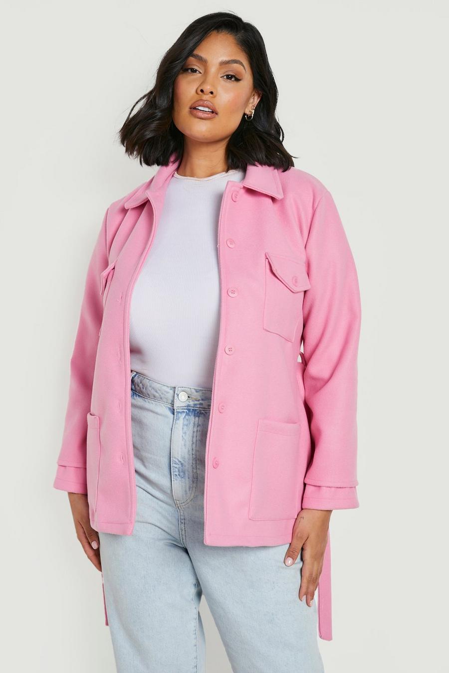Camisa chaqueta Plus de lana con cinturón, Pink image number 1