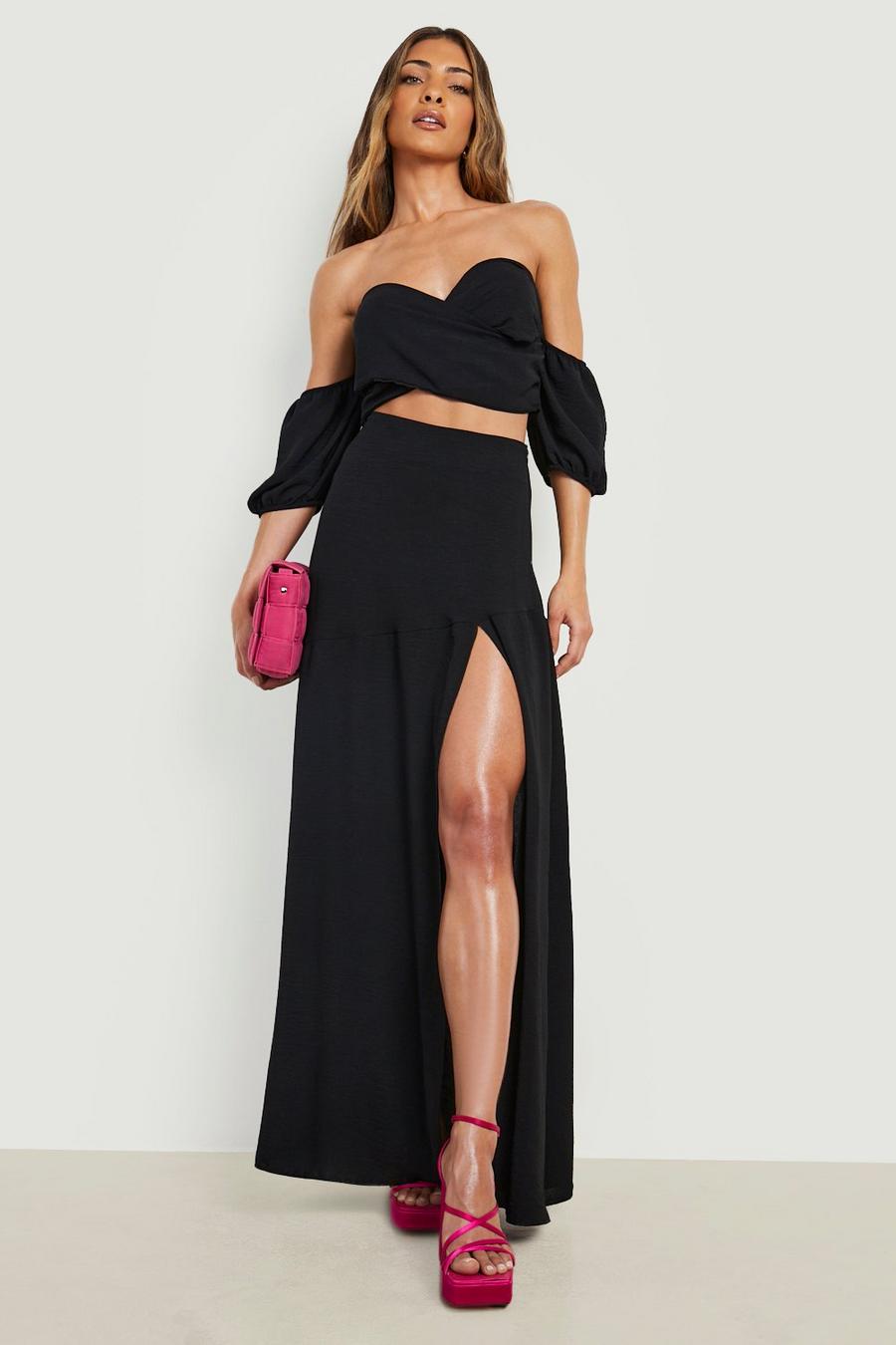 Black Textured Bardot Crop & Split Maxi Skirt 