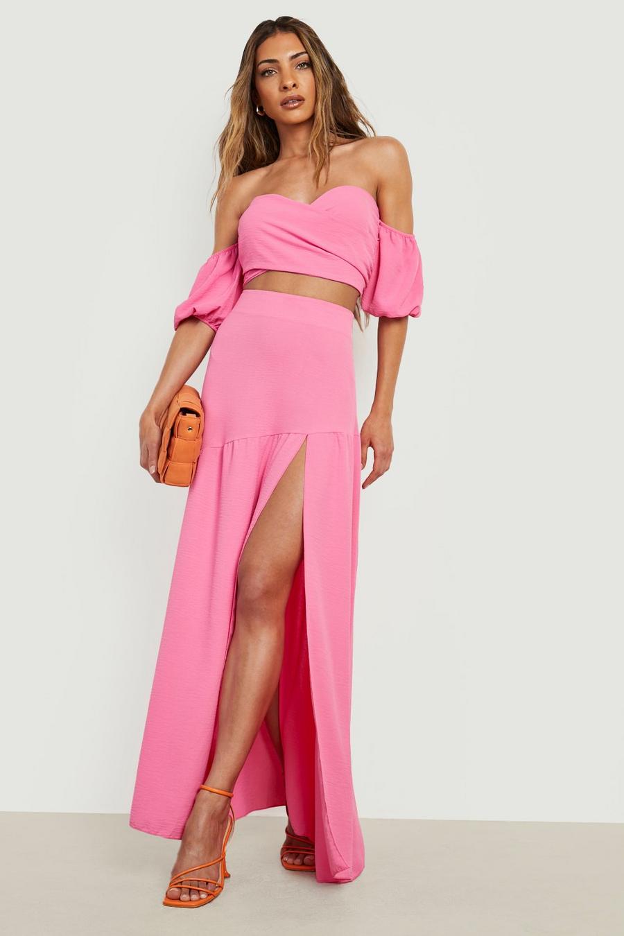 Bright pink Textured Bardot Crop & Split Maxi Skirt image number 1
