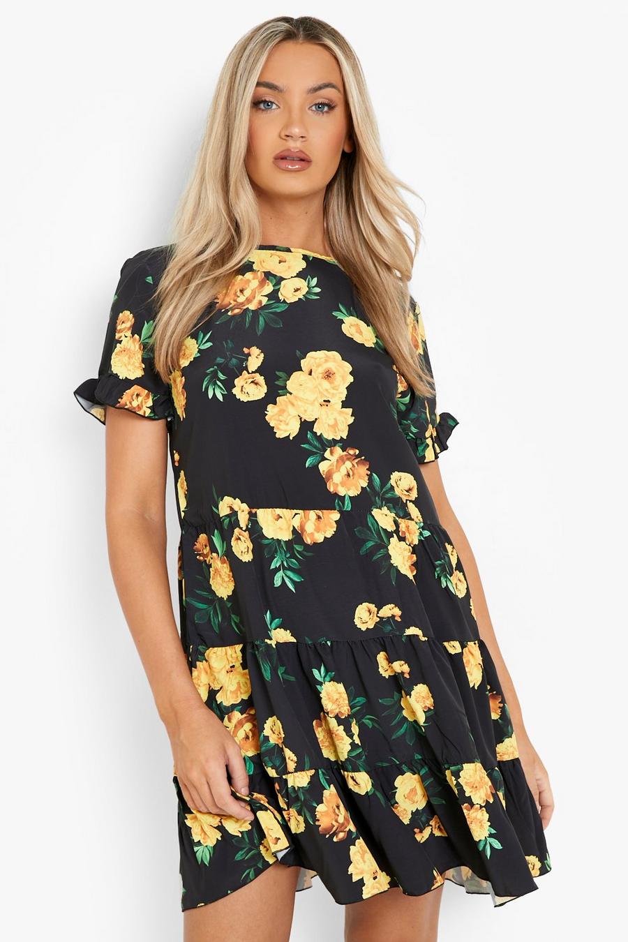 Black Woven Floral Ruffle Smock Dress image number 1
