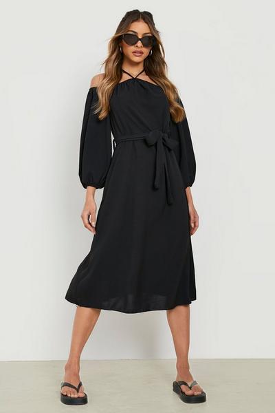 boohoo black Linen Look Halterneck Long Sleeve Midi Dress