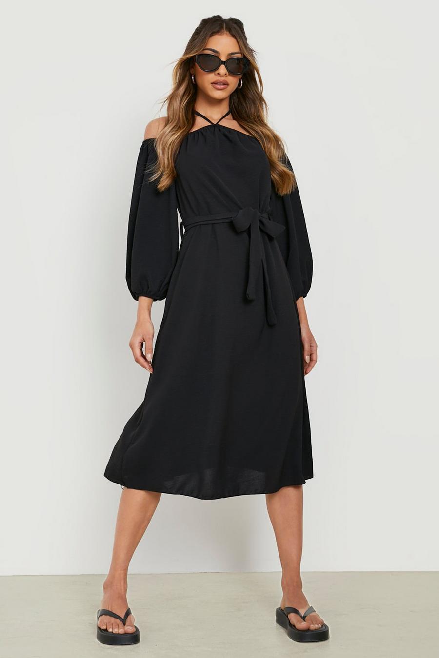 Black noir Linen Look Halterneck Long Sleeve Midi Dress