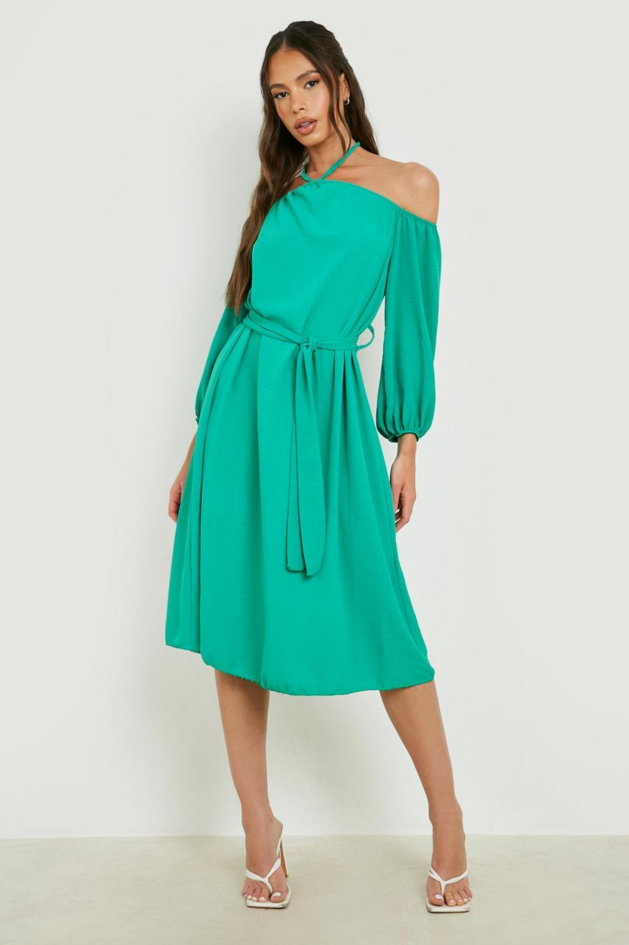 Bottle green Linen Look Halterneck Long Sleeve Midi Dress image number 1