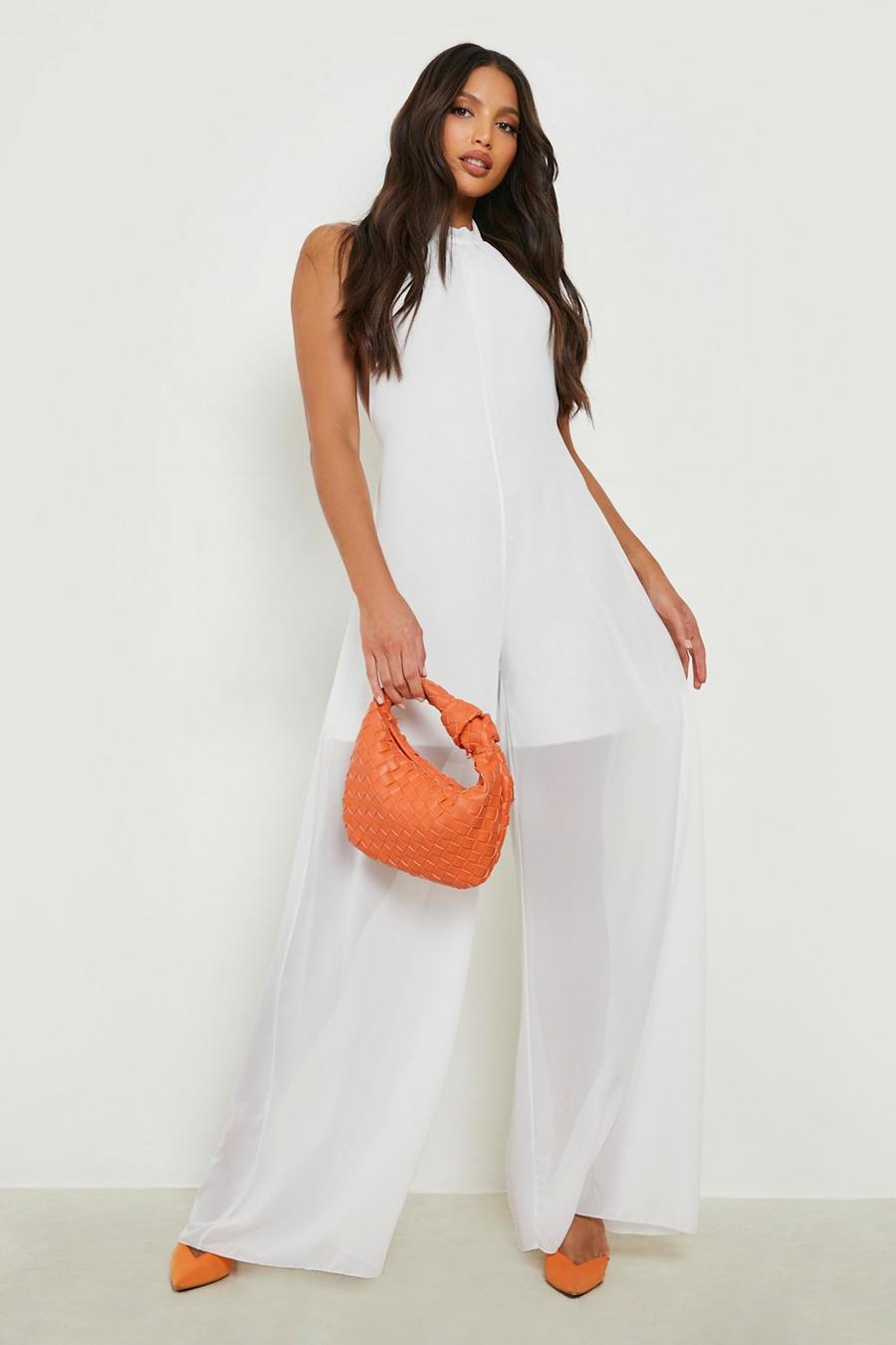White Tall Chiffon Halter Neck Jumpsuit image number 1