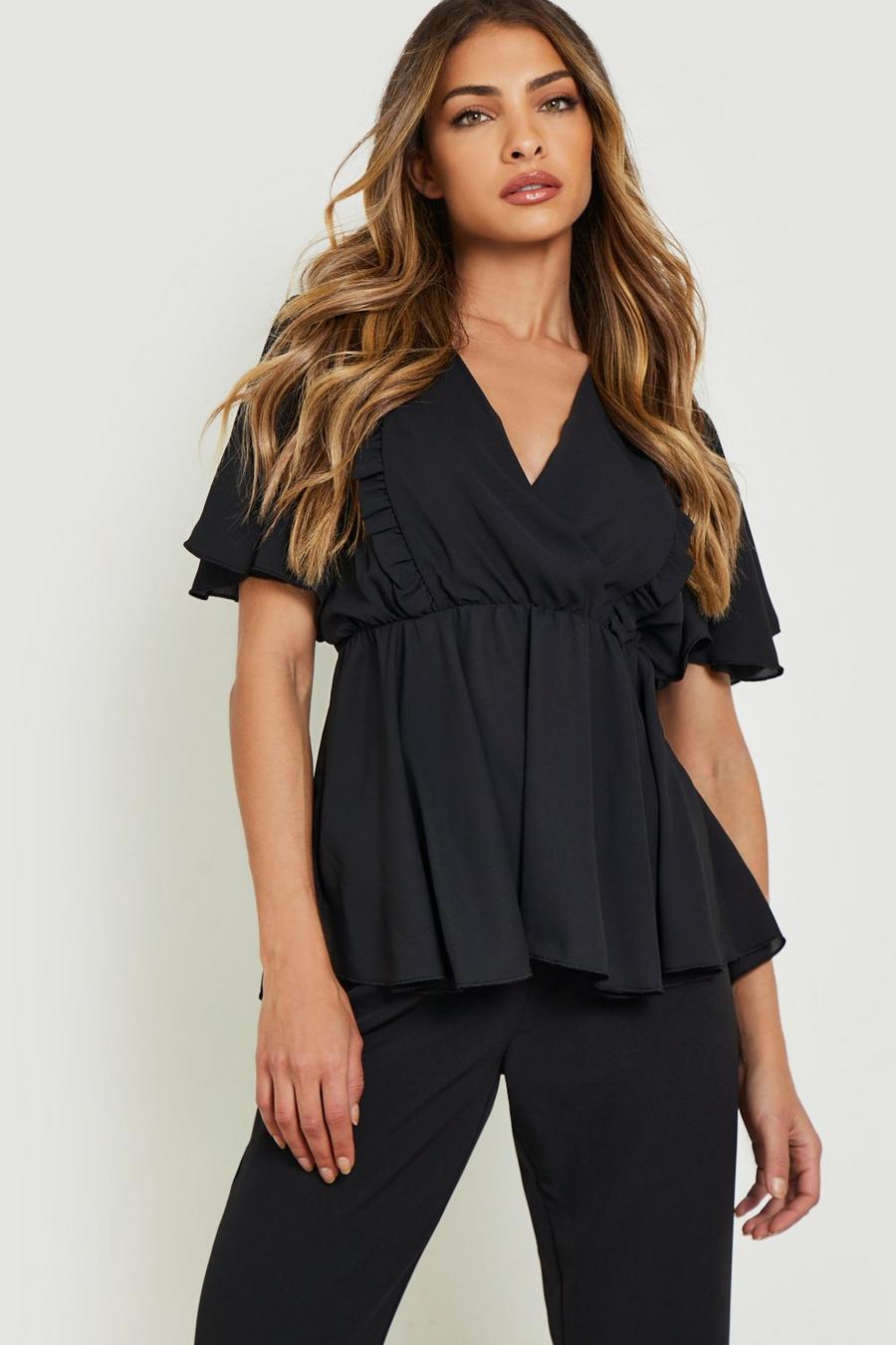 Black Frill Front Angel Sleeve Blouse