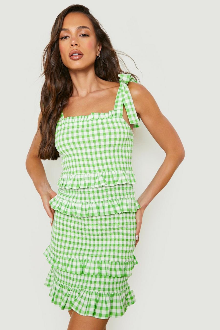 Green Shirred Body Milkmaid Dress Gingham Print image number 1