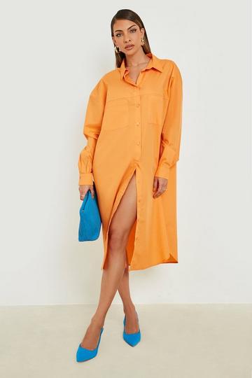 Orange Cotton Poplin Maxi Shirt Dress