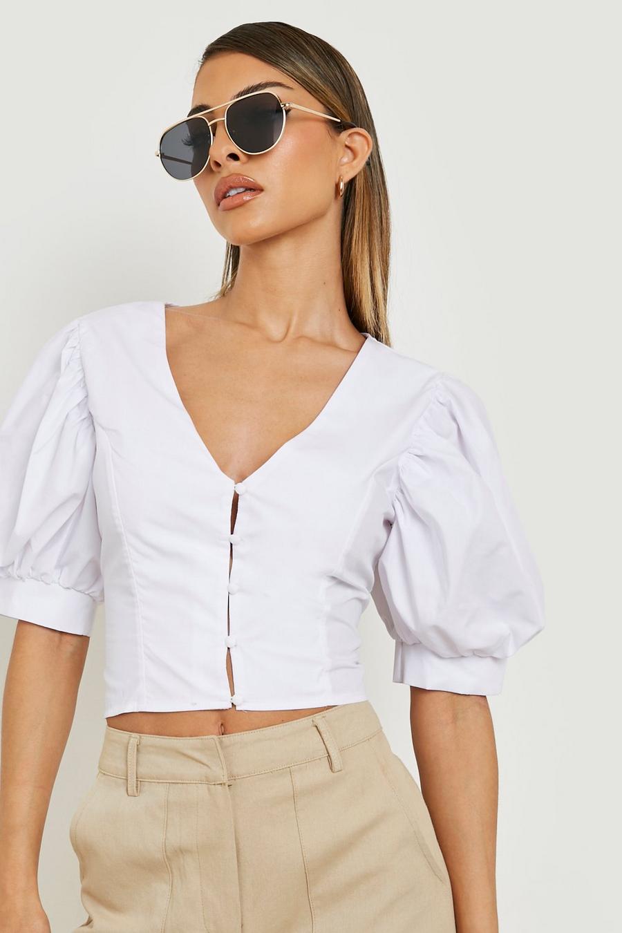 Ivory Puff Sleeve Cotton Poplin Blouse image number 1