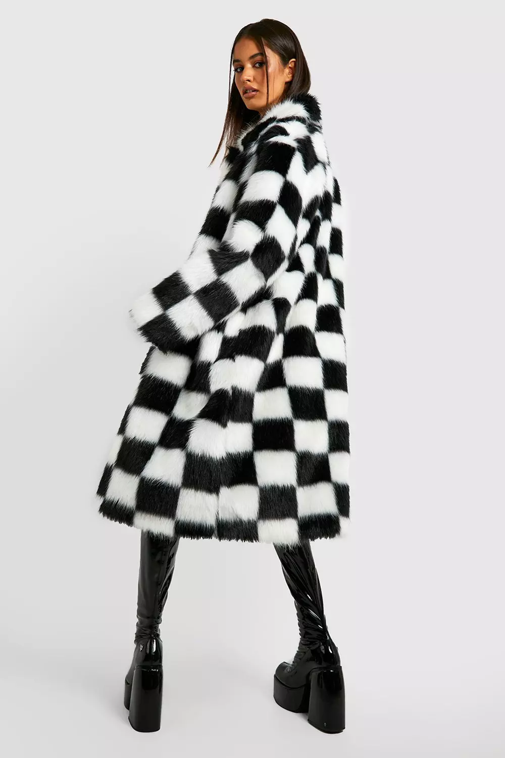 Checkered faux outlet fur jacket