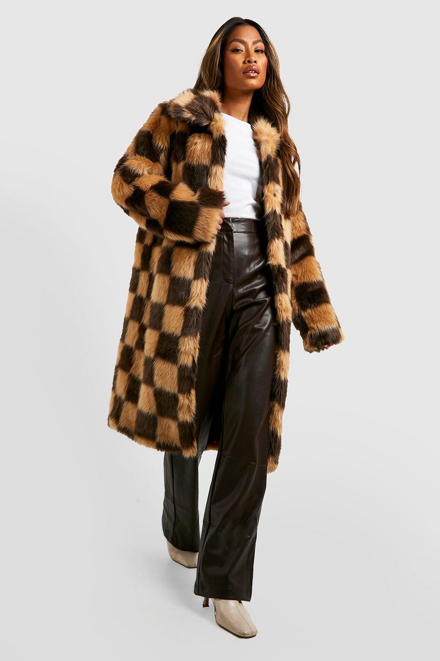 Brown Checkerboard Faux Fur Coat image number 1