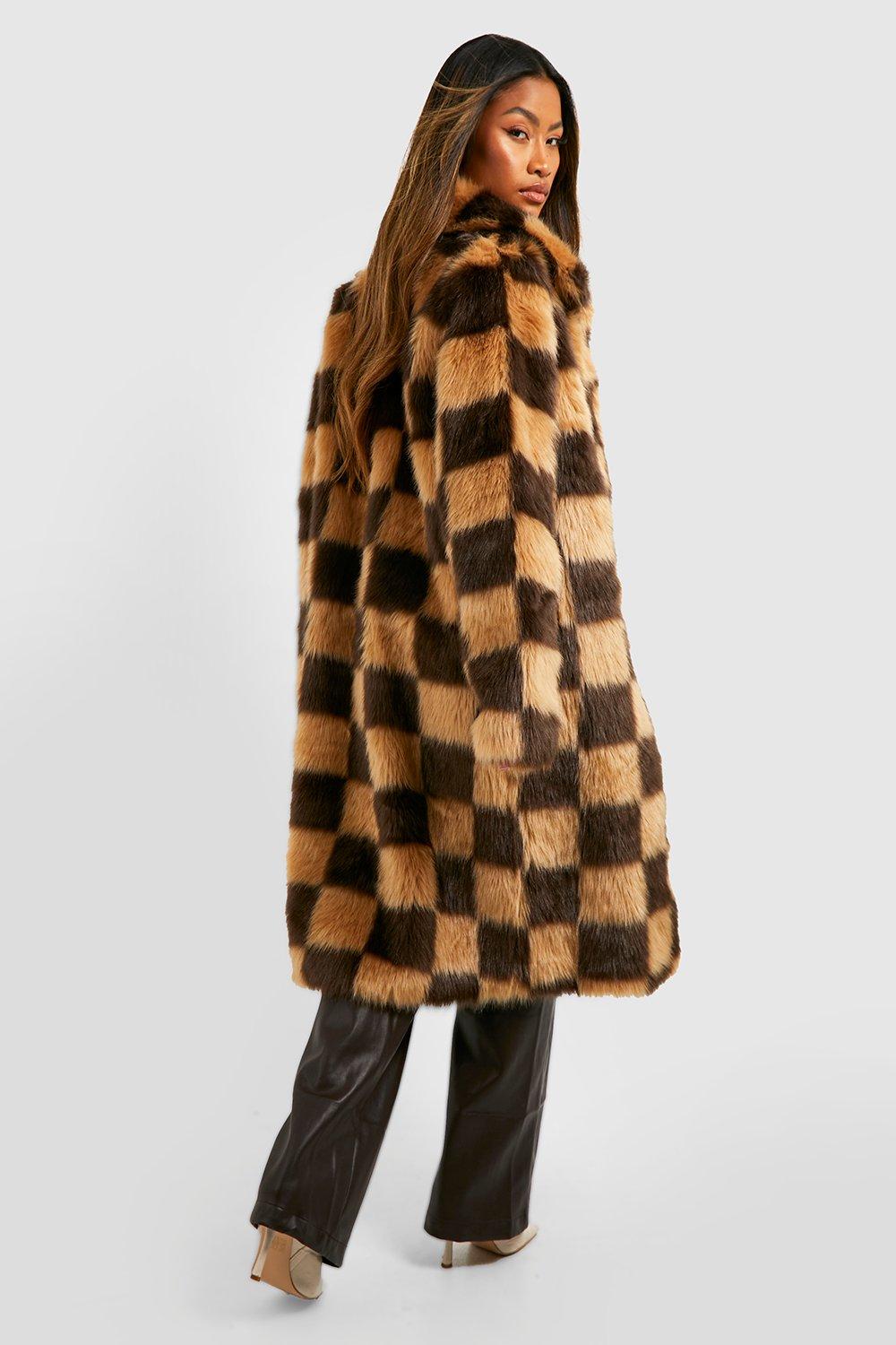 Checkerboard faux fur clearance coat