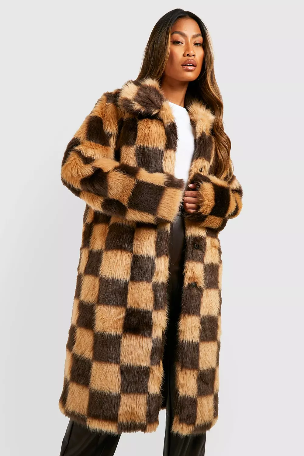 Checkerboard Faux Fur Coat