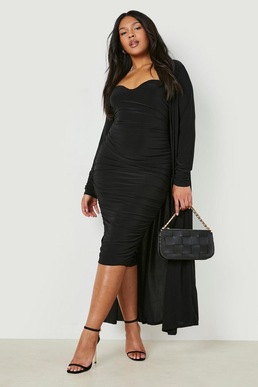 Black Plus Sweetheart Bandeau Midi Dress & Duster Two-Piece image number 1