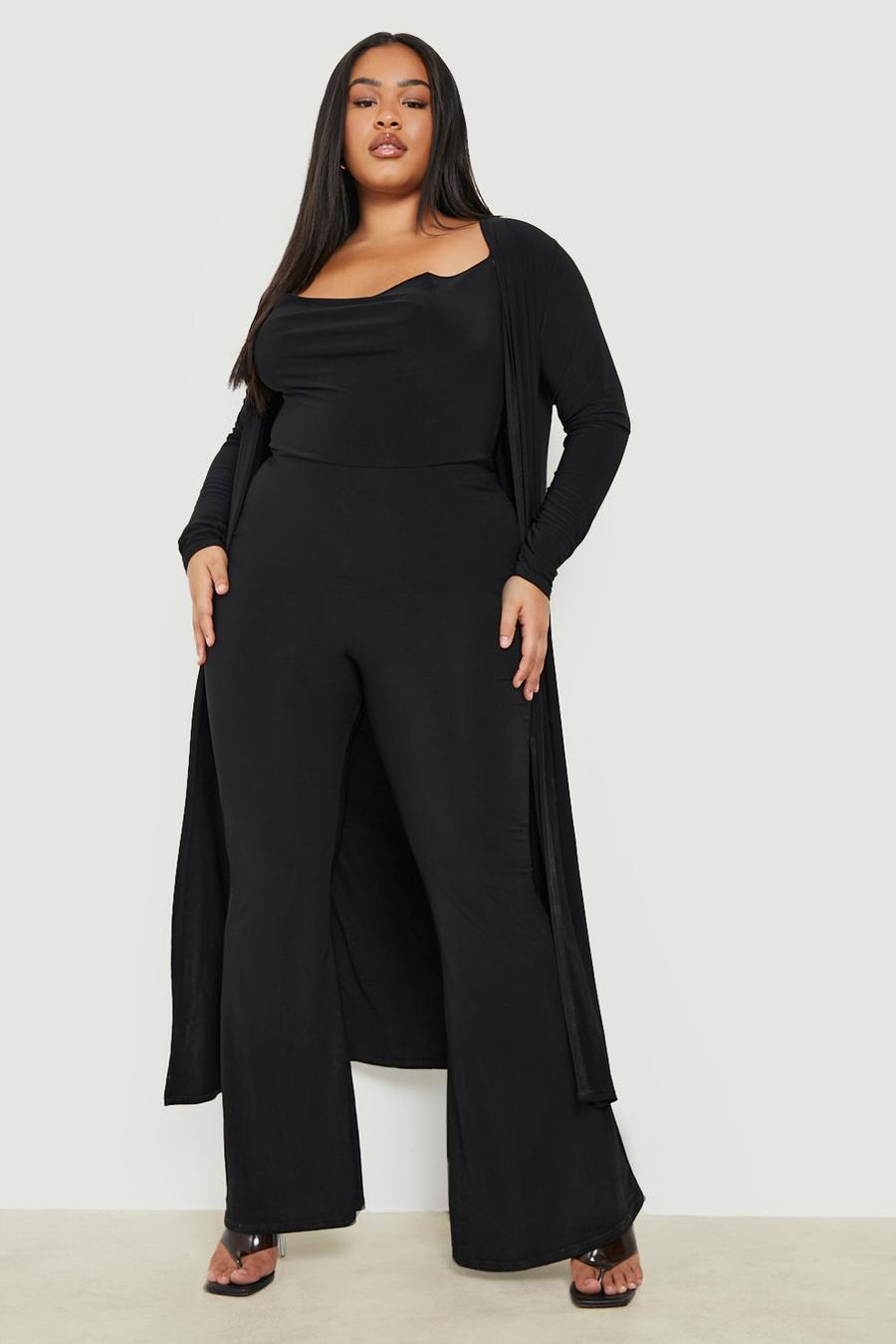 Black Plus Strappy Cowl Jumpsuit & Duster Co-Ord image number 1