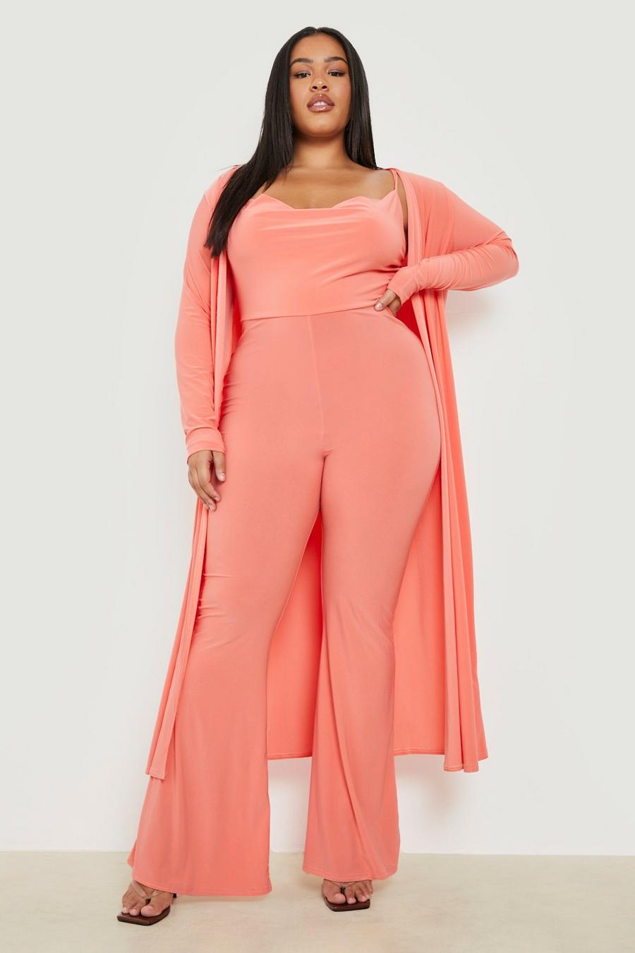 Orange Plus Strappy Cowl Jumpsuit & Duster Co-Ord image number 1