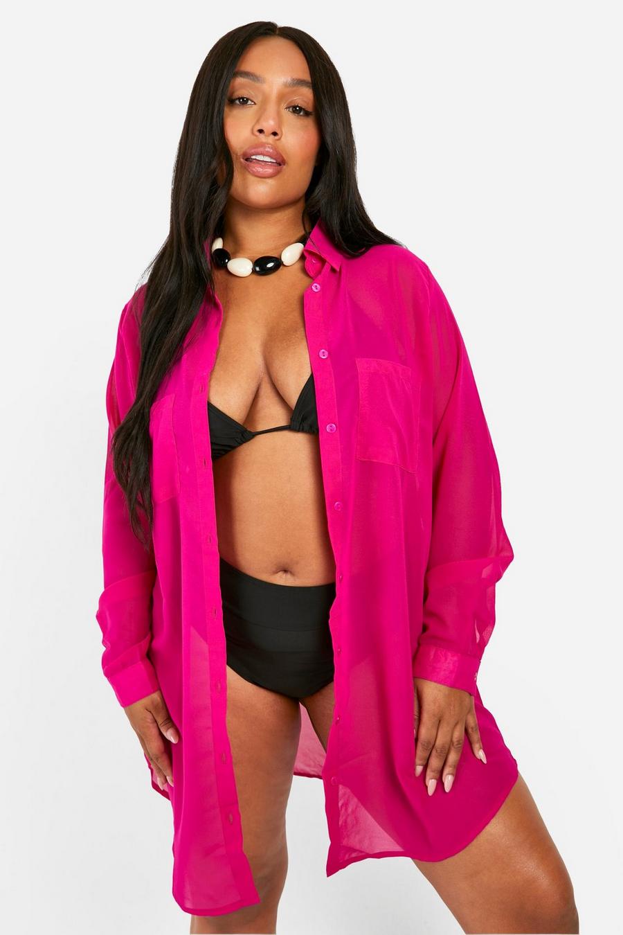 Camisa Plus para la playa de chifón lasga, Pink image number 1