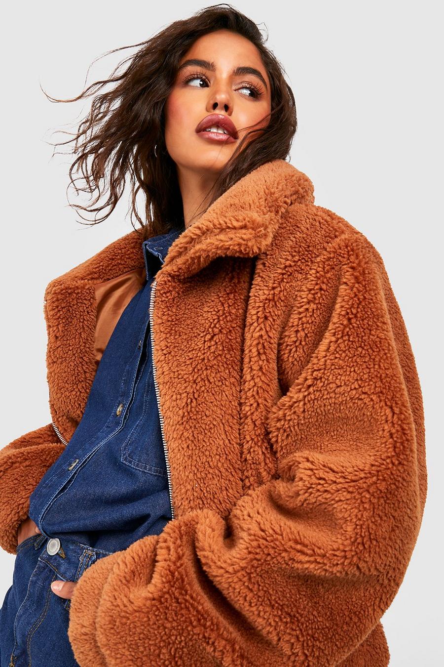 Chocolate Teddy Faux Fur Bomber Jacket   image number 1