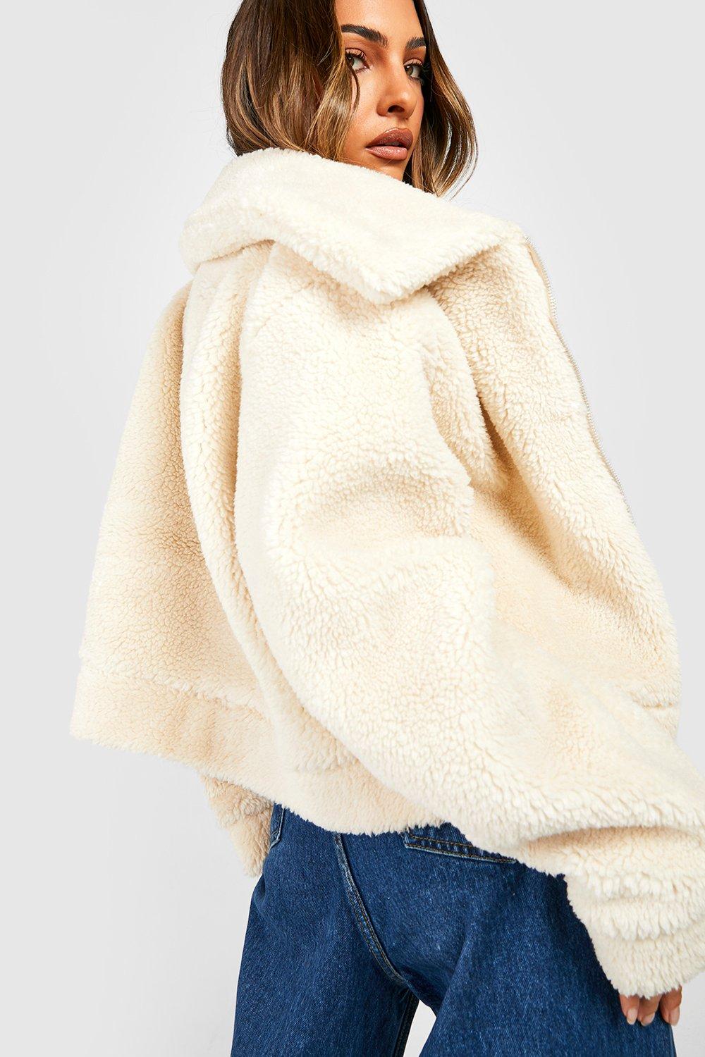 Cream faux shop fur bomber jacket