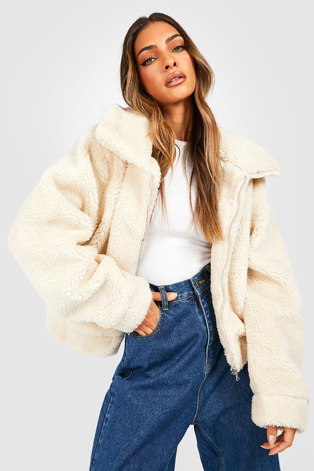 Cream faux teddy 2025 fur bomber jacket