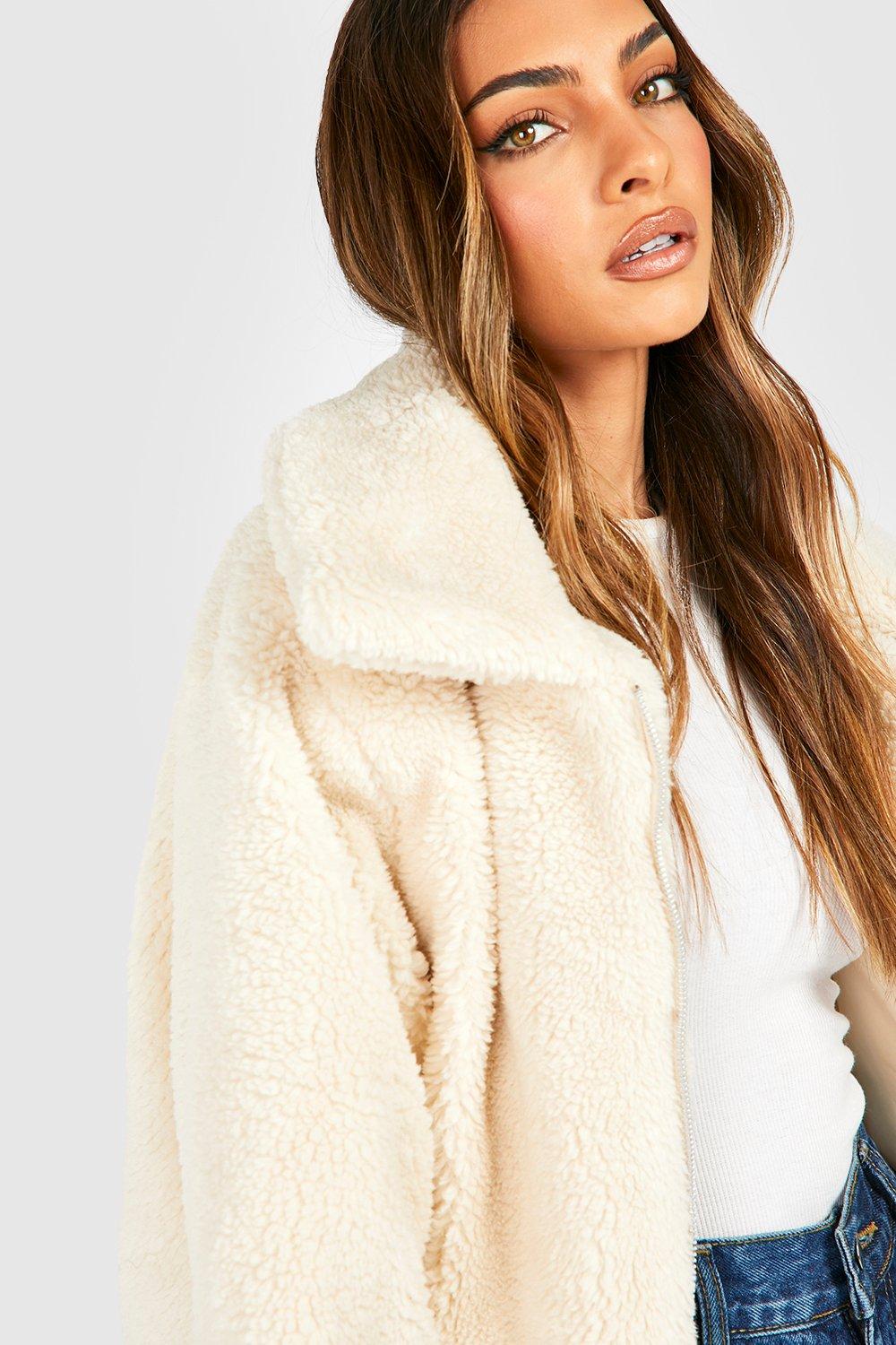 Cream faux teddy fur sale bomber jacket