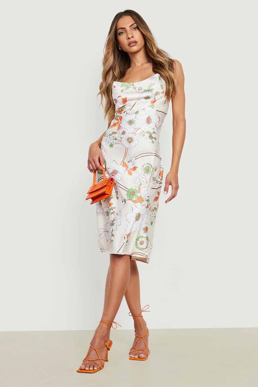 Cream Satin Floral Strappy Midi Dress image number 1