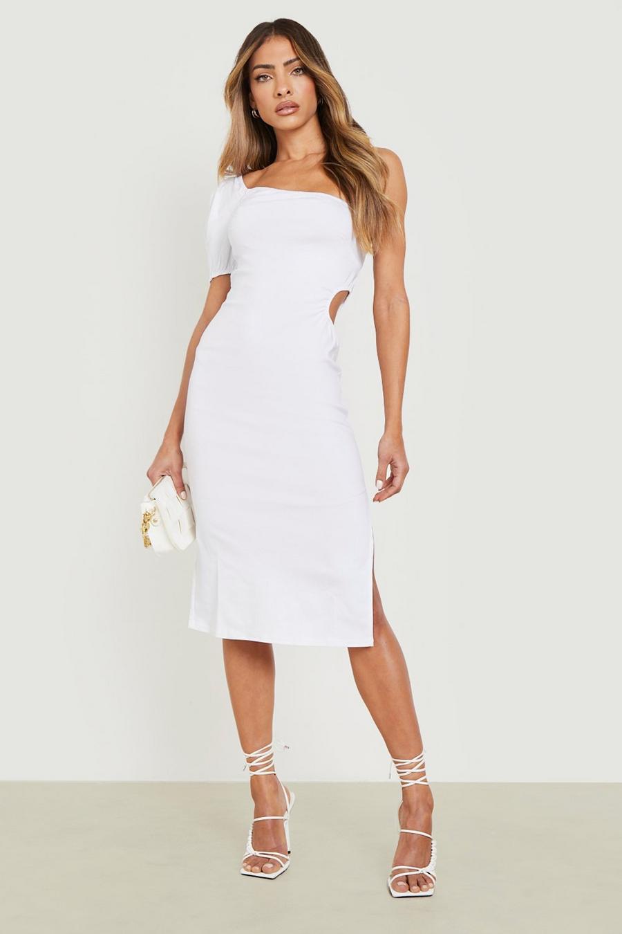 White Cotton One Shoulder Cut Out Midi Dress image number 1
