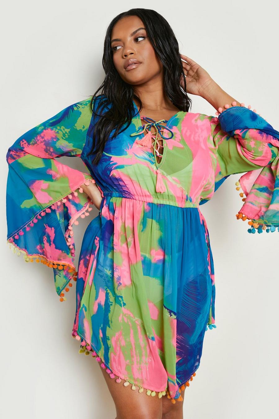 מולטי שמלת חוף עם דוגמה טרופית בצבעי ניאון, מידות גדולות image number 1