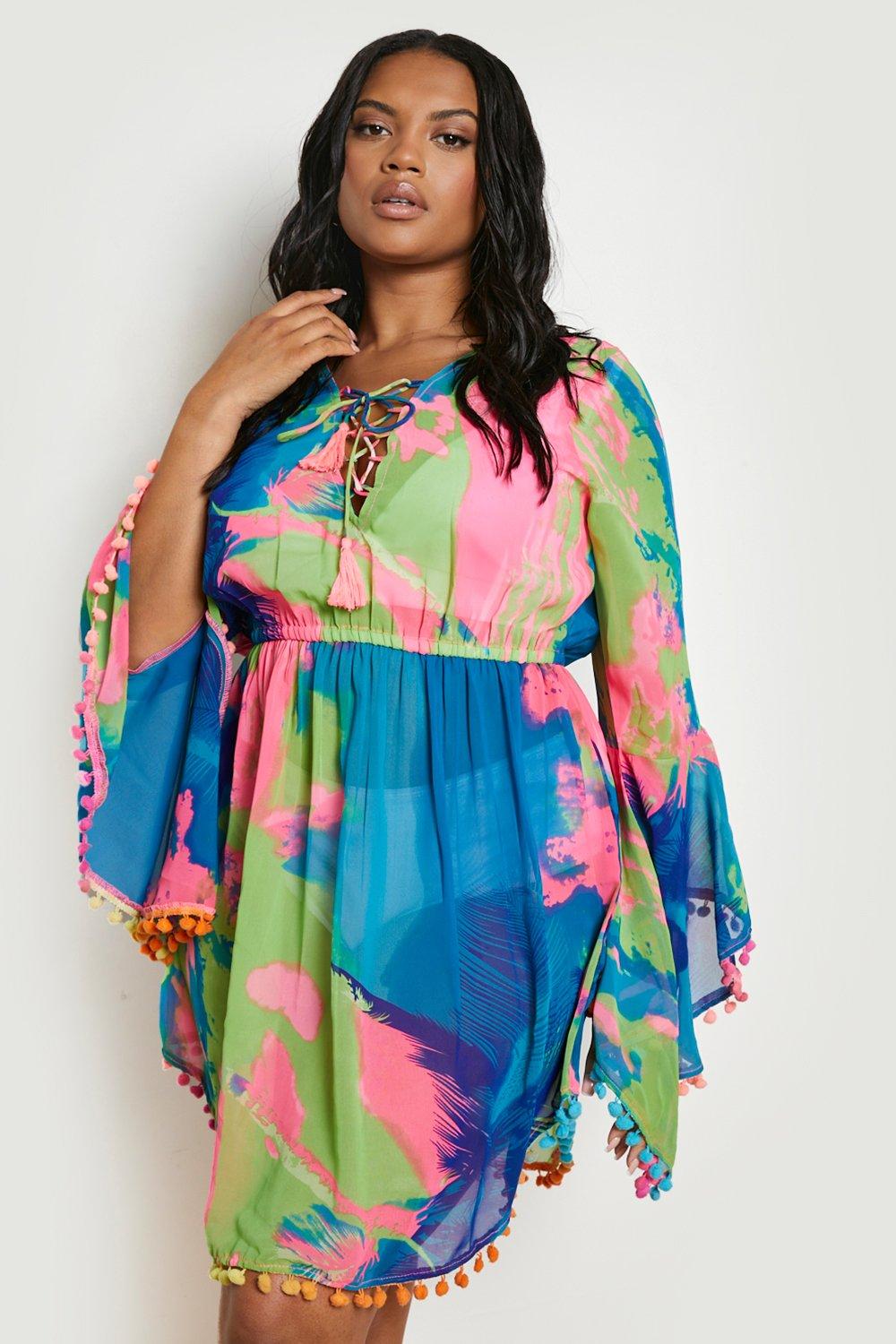 vestito da mare Plus Size in fantasia tropicale in colori fluo