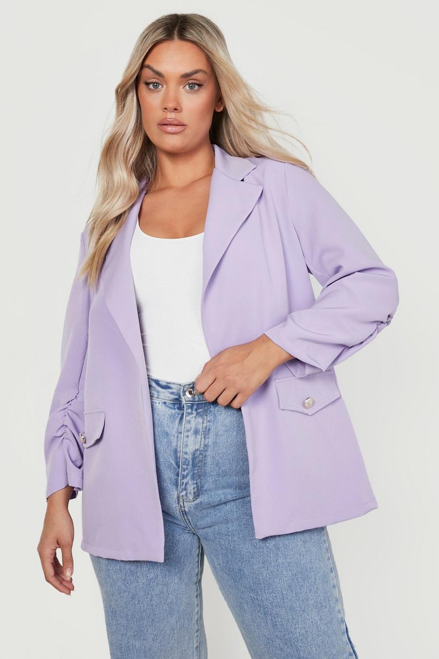 Lilac purple Plus Statement Button Ruched Sleeve Blazer