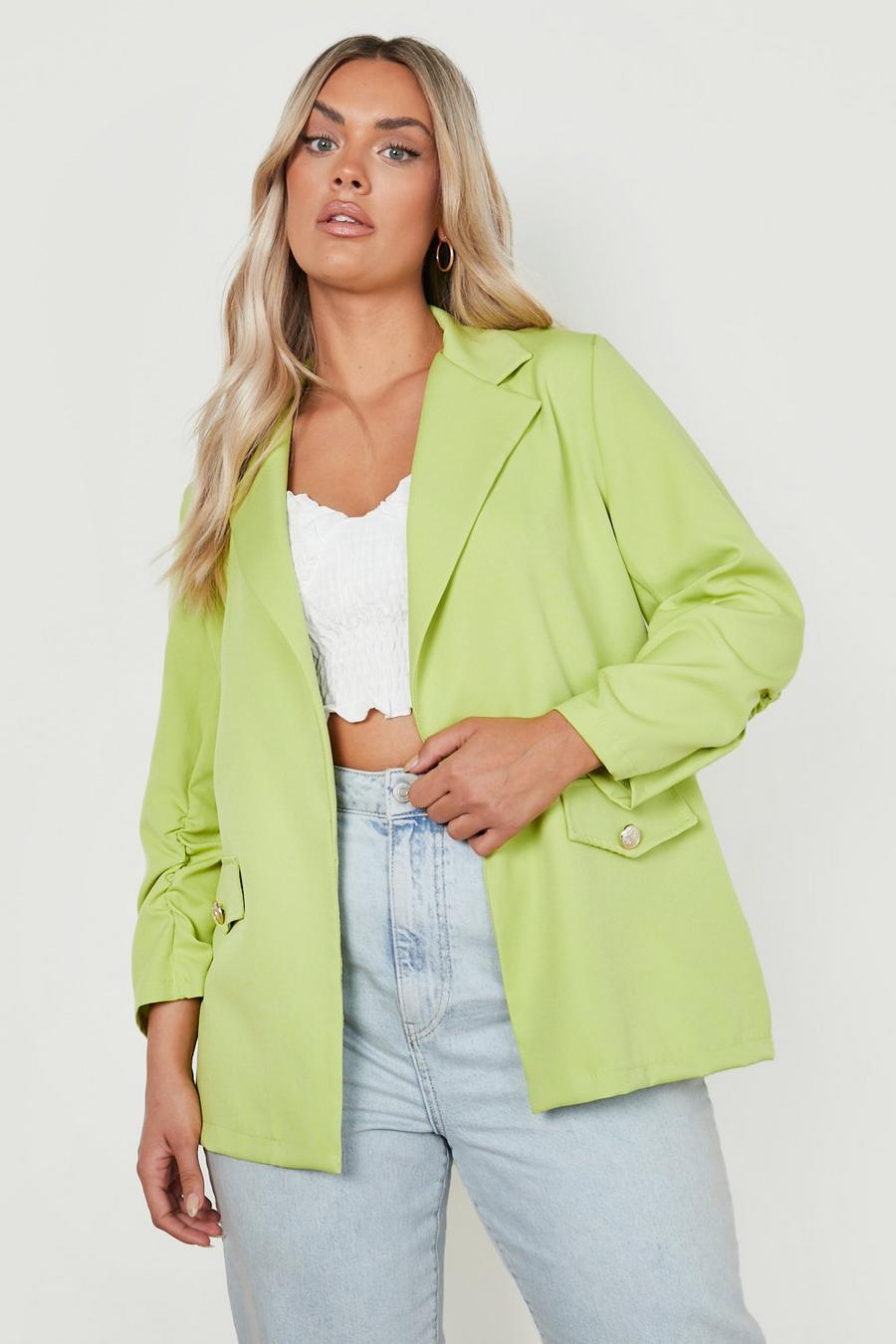 Lime green Plus Statement Button Ruched Sleeve Blazer