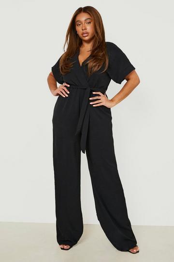 Plus Woven Belted Wide Leg Jumpsuit black