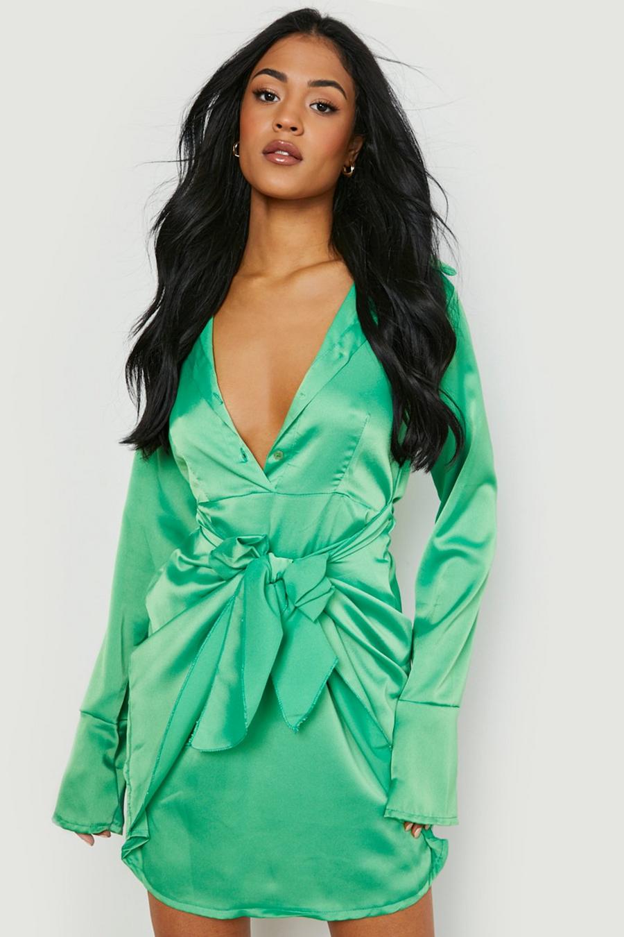 Green Tall Tie Detail Wrap Shirt Dress image number 1