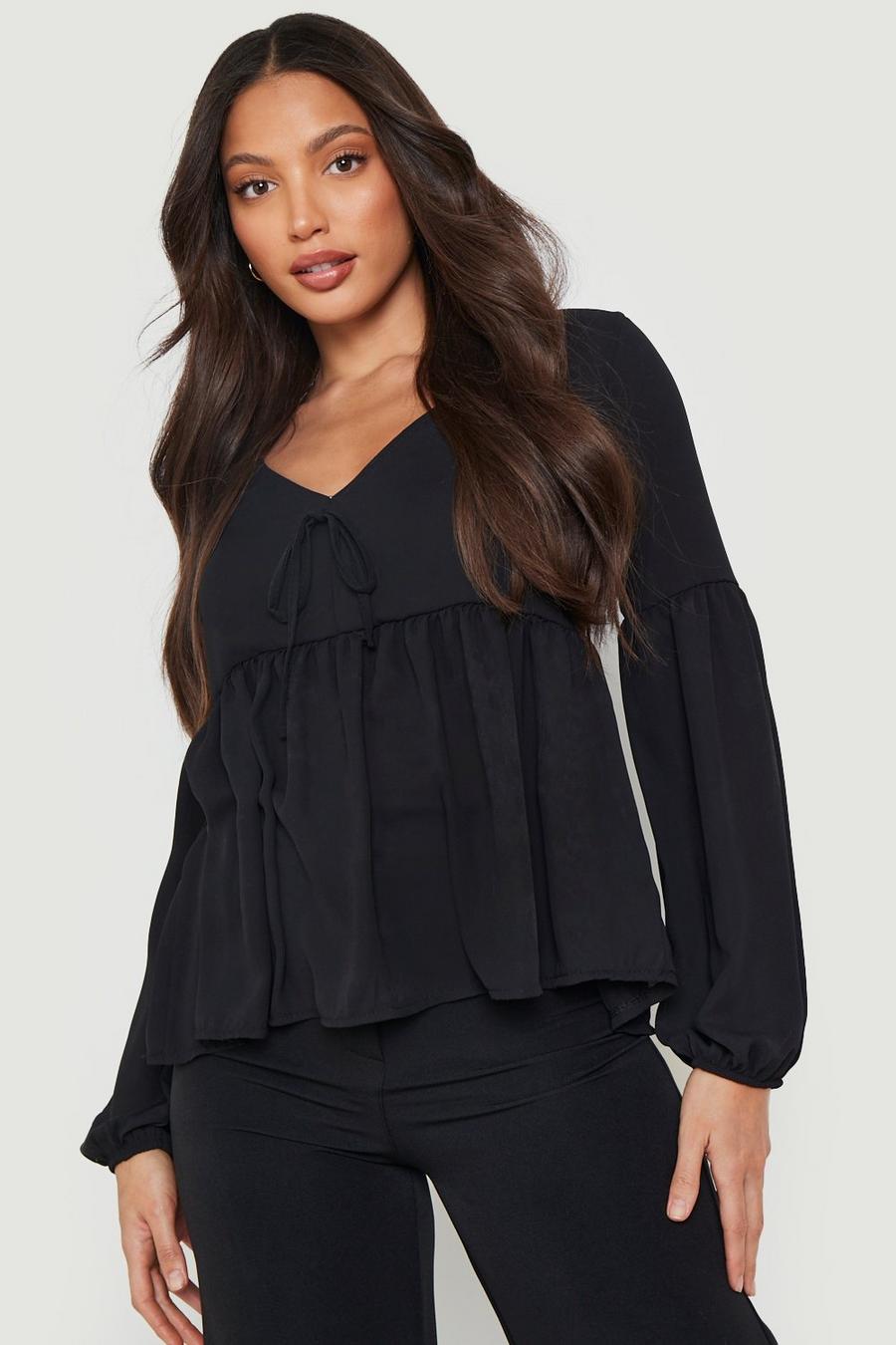 Black Tall Chiffon Tie Detail Frill Smock Top image number 1
