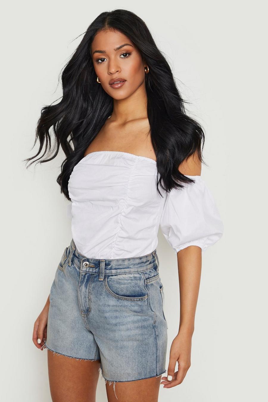 White Tall Off The Shoulder Ruched Detail Bodysuit image number 1