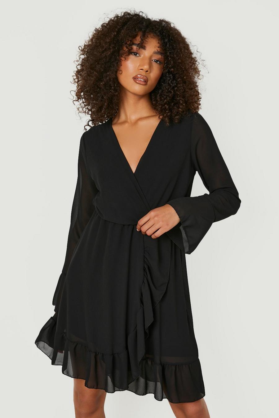 שחור nero שמלת סקייטר עם שרוולים מתרחבים לנשים גבוהות