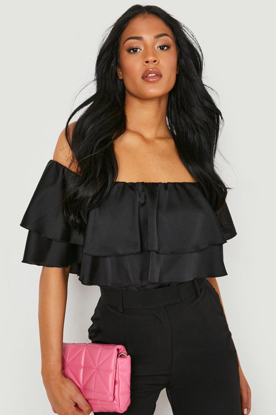 Black Tall Ruffle Off The Shoulder Bodysuit image number 1