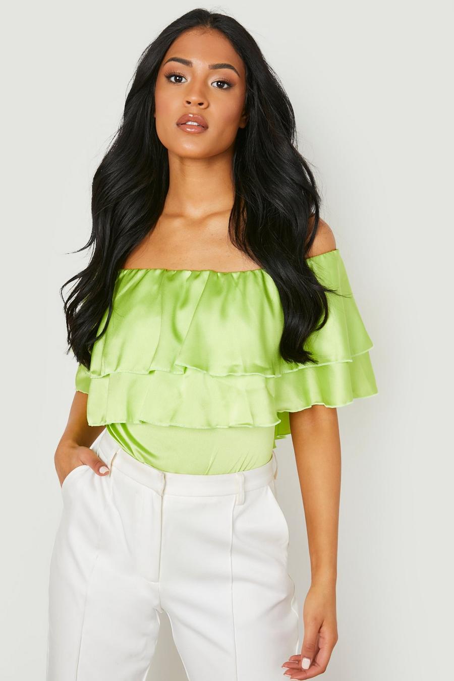 Green Tall Ruffle Off The Shoulder Bodysuit image number 1
