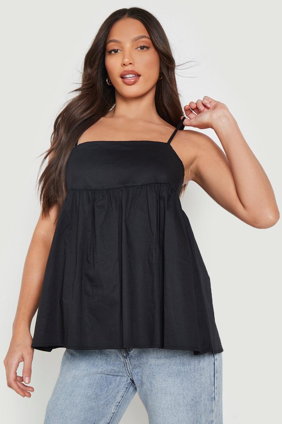 Black Tall Linen Look Strappy Smock Top image number 1