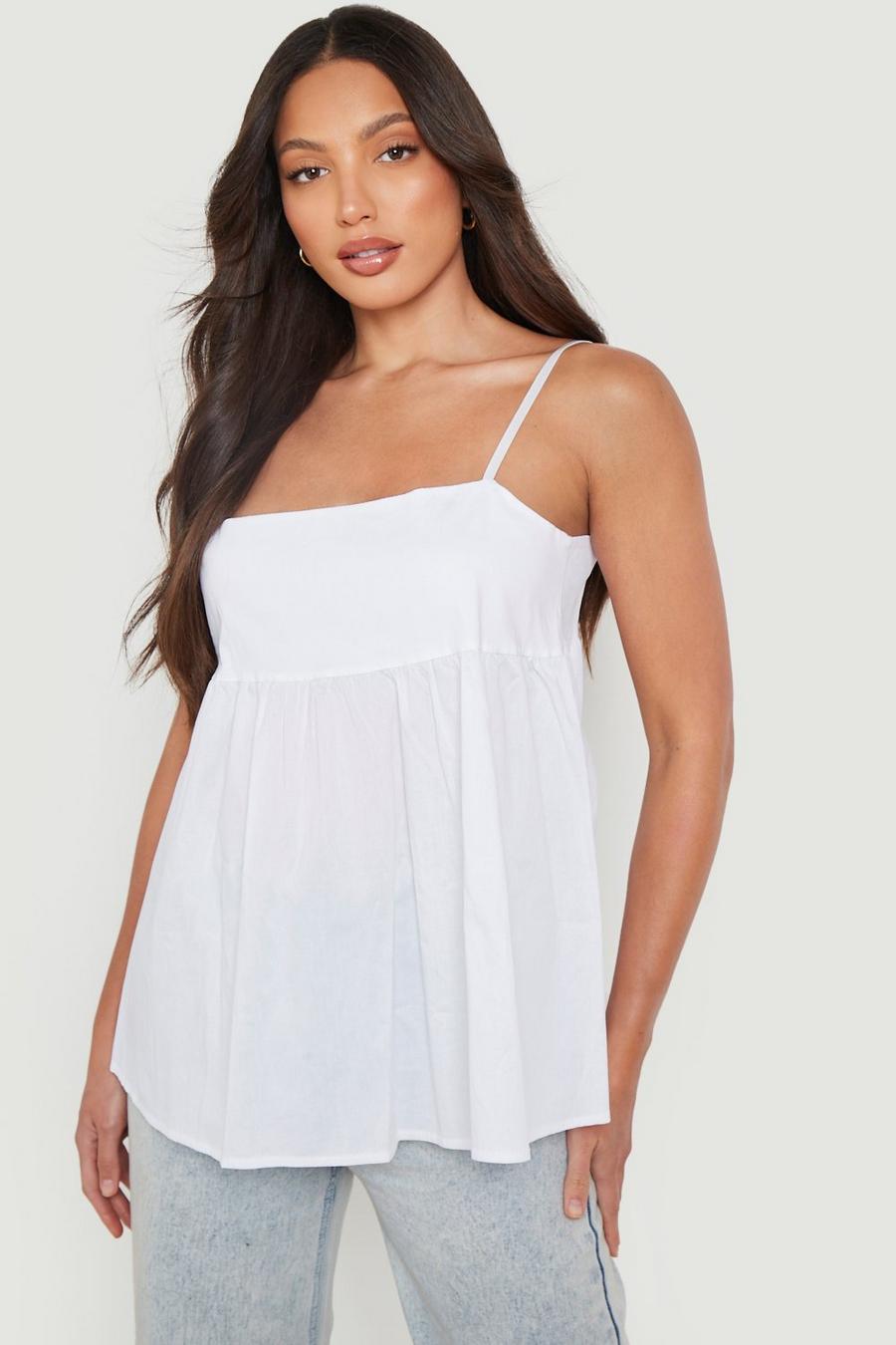 White Tall Linen Look Strappy Smock Top image number 1