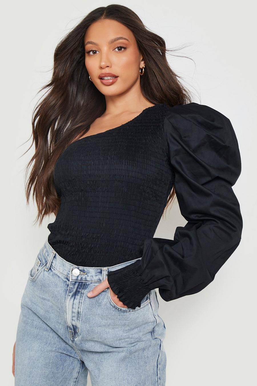 Black Tall Shirred One Shoulder Puff Sleeve Top image number 1